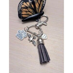 Silver Glitter Paw Sympathy Love My Cat Heart Charms  Zipper Bag Clip Keychain